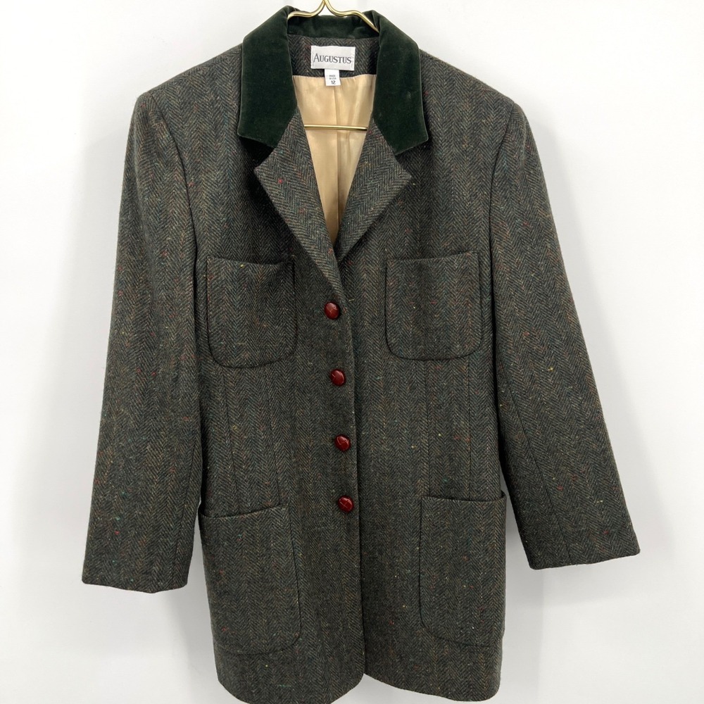 Vintage Augustus Herringbone Tweed Blazer Velvet‎ Collar Dark Academia Size 12